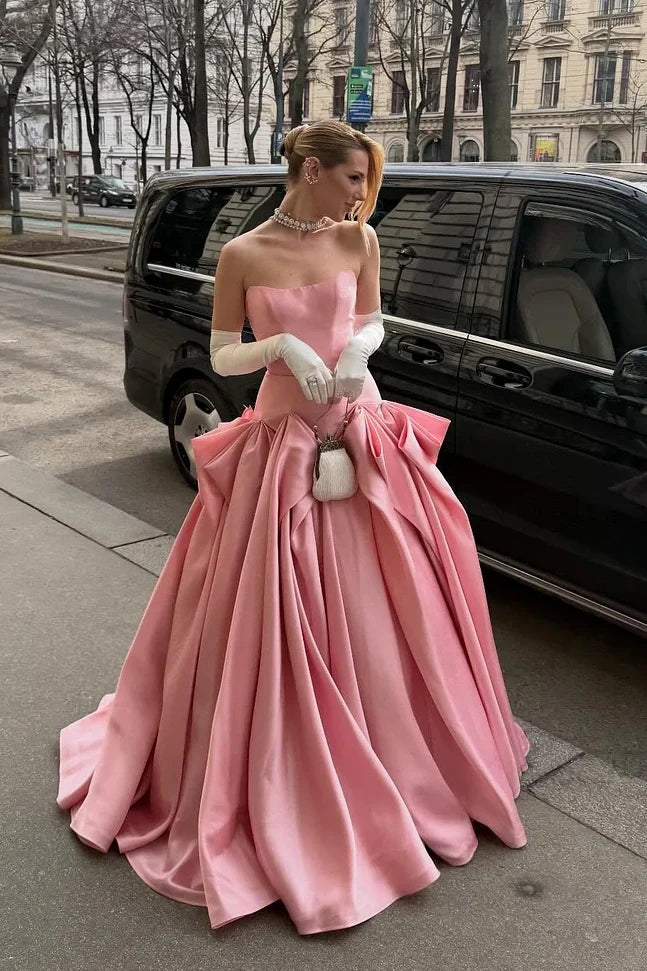 Pink Satin A-Line Strapless Empire Pleated Party Prom Dress