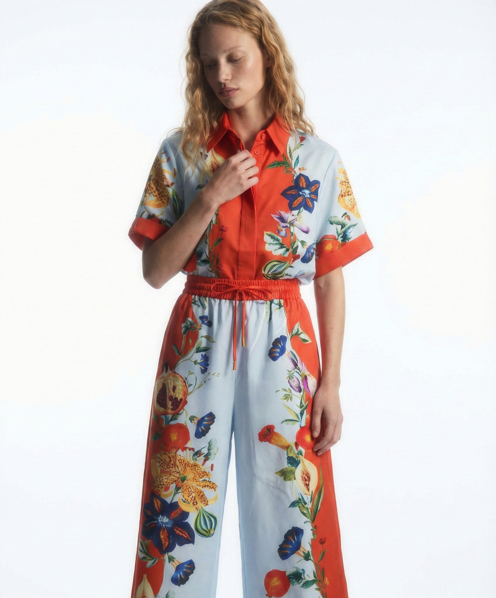 Two-Piece Polyester Set - Vintage Print Shirt and Wide Leg Pants