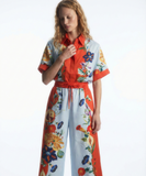 Two-Piece Polyester Set - Vintage Print Shirt and Wide Leg Pants