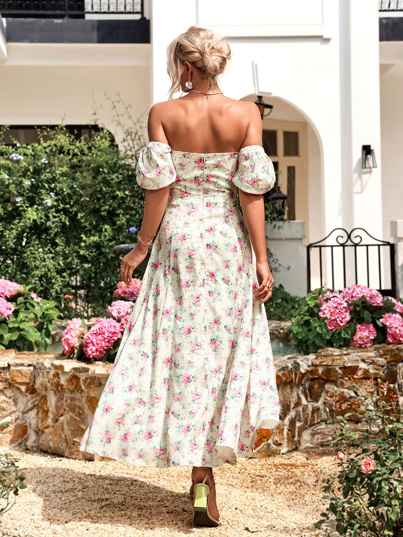 Puff Sleeve High Split Floral Print Dress