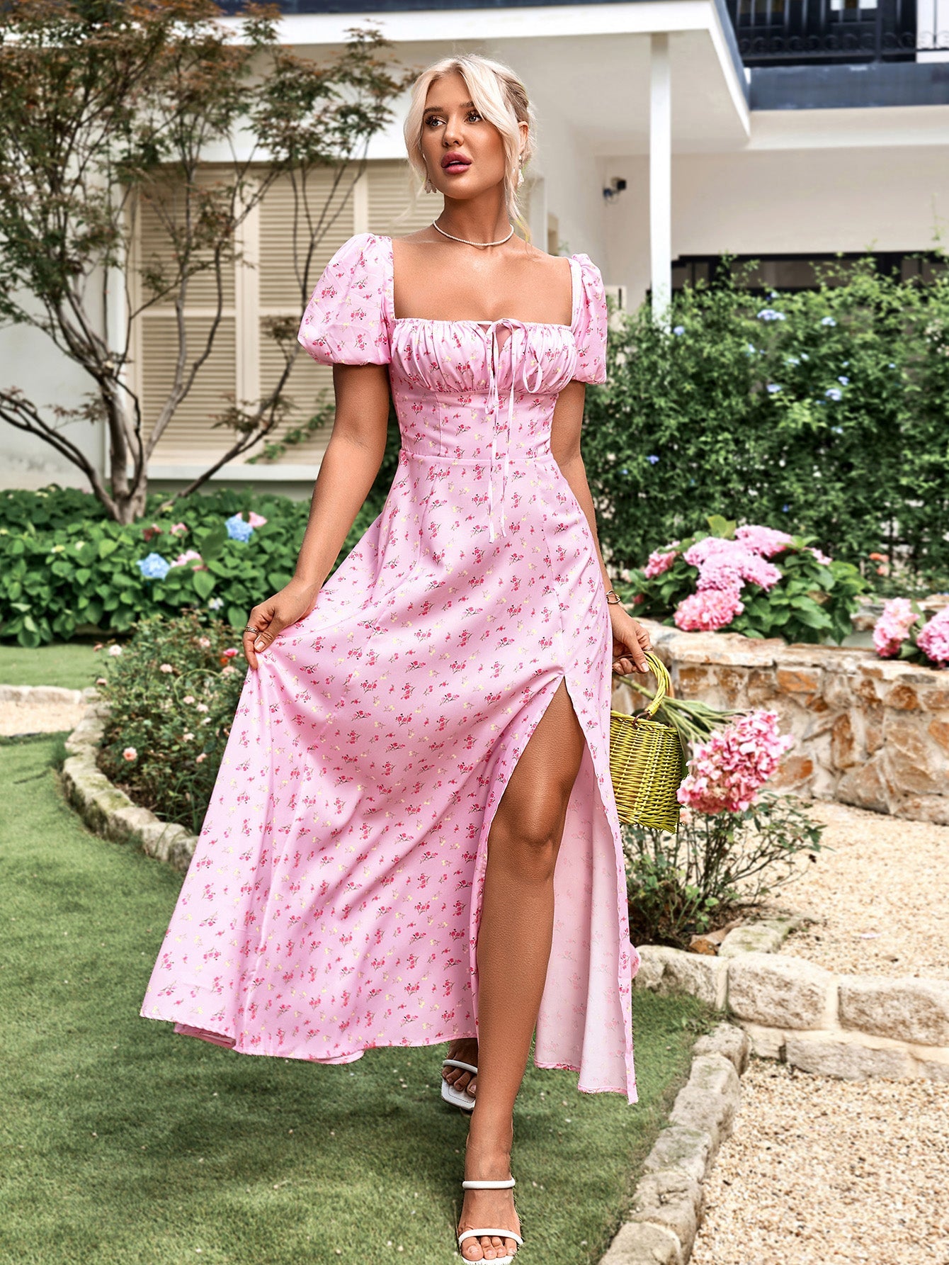 Puff Sleeve High Split Floral Print Dress