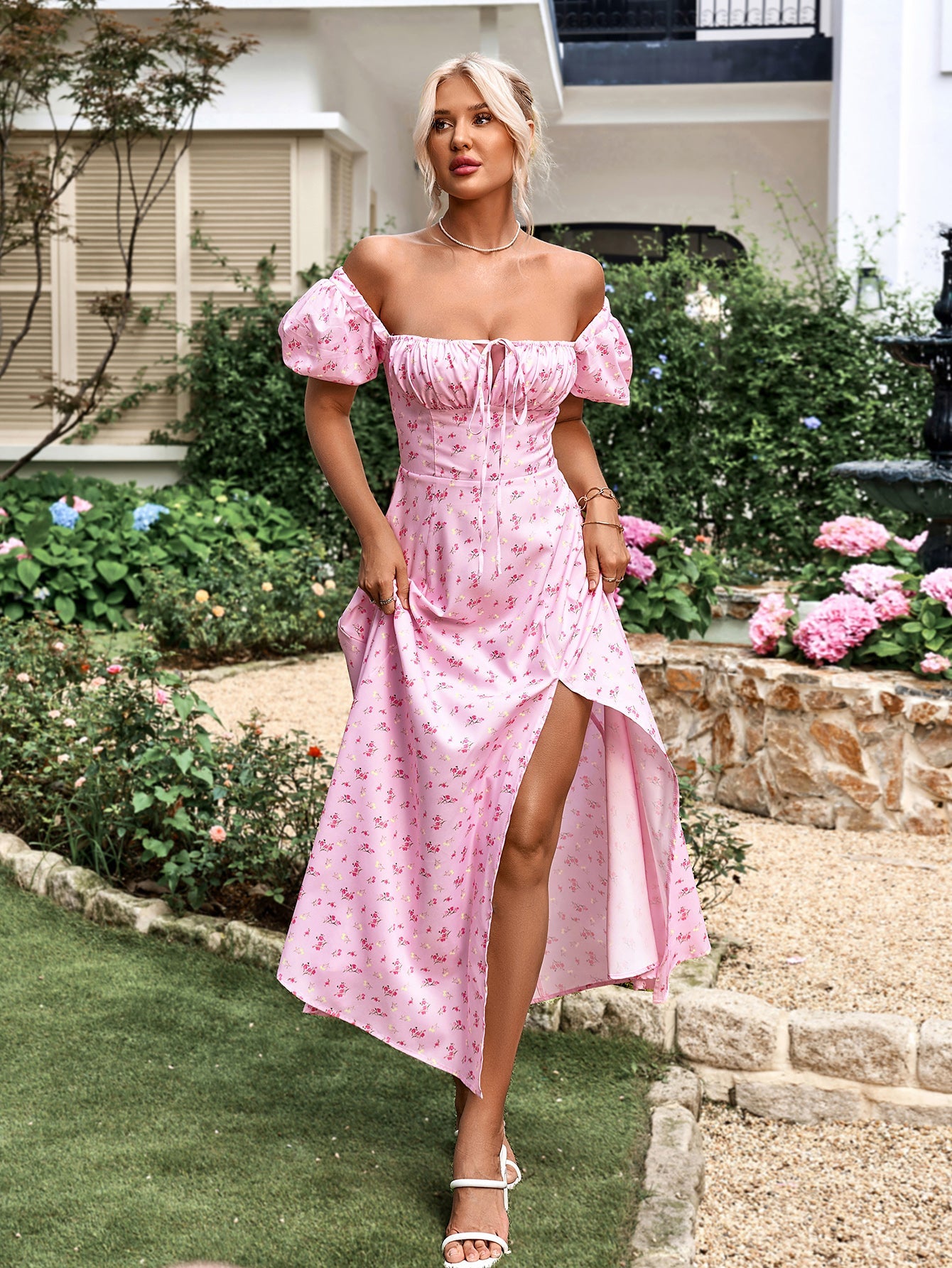 Puff Sleeve High Split Floral Print Dress