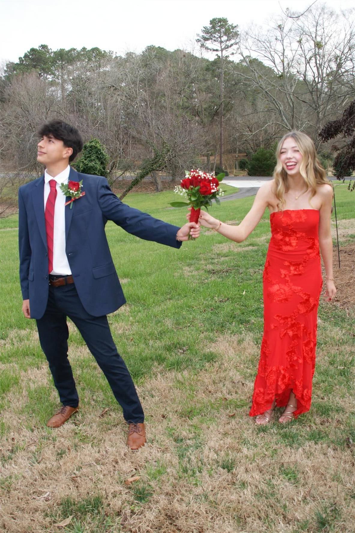 Red Strapless Empire Sheath Floral Party Prom Dress With Train
