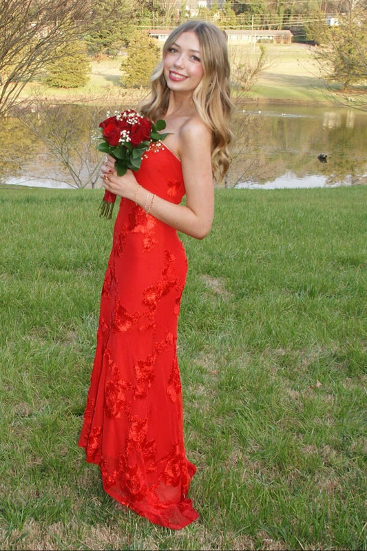 Red Strapless Empire Sheath Floral Party Prom Dress With Train