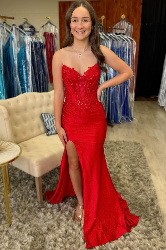 Sexy Red Strapless Empire Lace Appliques Mermaid Party Prom Dress