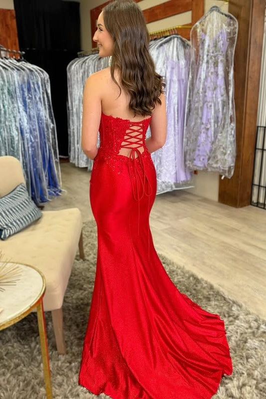 Sexy Red Strapless Empire Lace Appliques Mermaid Party Prom Dress