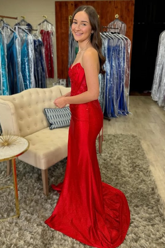 Sexy Red Strapless Empire Lace Appliques Mermaid Party Prom Dress