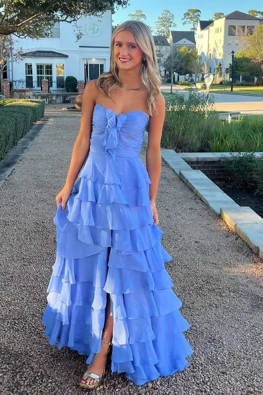 Chiffon A-Line Sweetheart Strapless Tiered Formal Party Dress