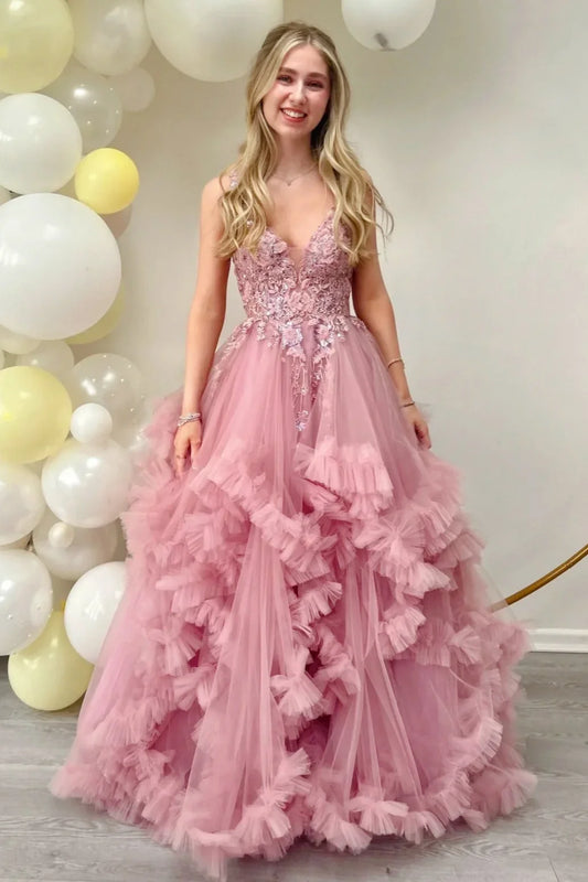 Spaghetti Straps Tulle A-Line High Waist Formal Prom Gown