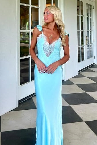 Straps V-Neck Satin And Lace Sheath Long Party Prom Dress