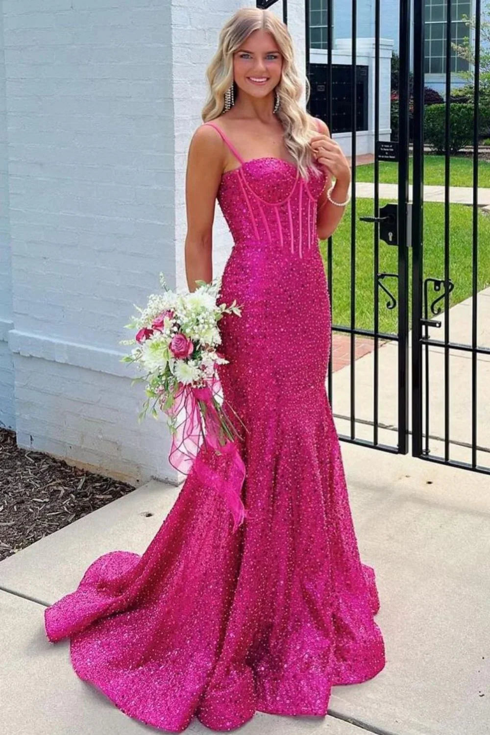 Sweetheart Spaghetti Straps Mermaid Sequins Party Prom Dress