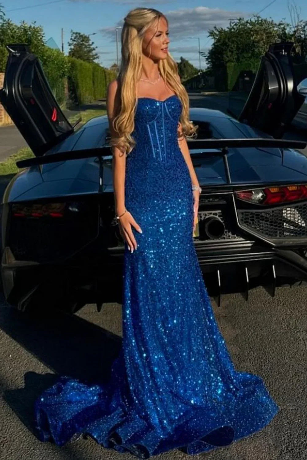 Sweetheart Spaghetti Straps Mermaid Sequins Party Prom Dress