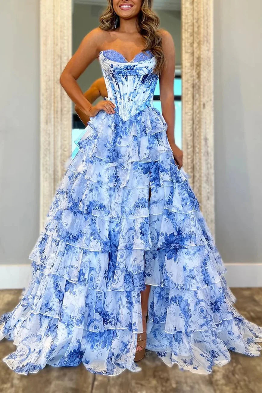 Sweetheart Strapless Empire A-Line Floral Tiered Party Prom Dress