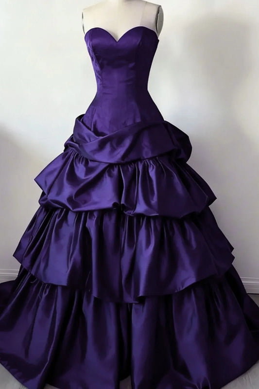 Sweetheart Strapless Satin A-Line Tiered Party Prom Dress