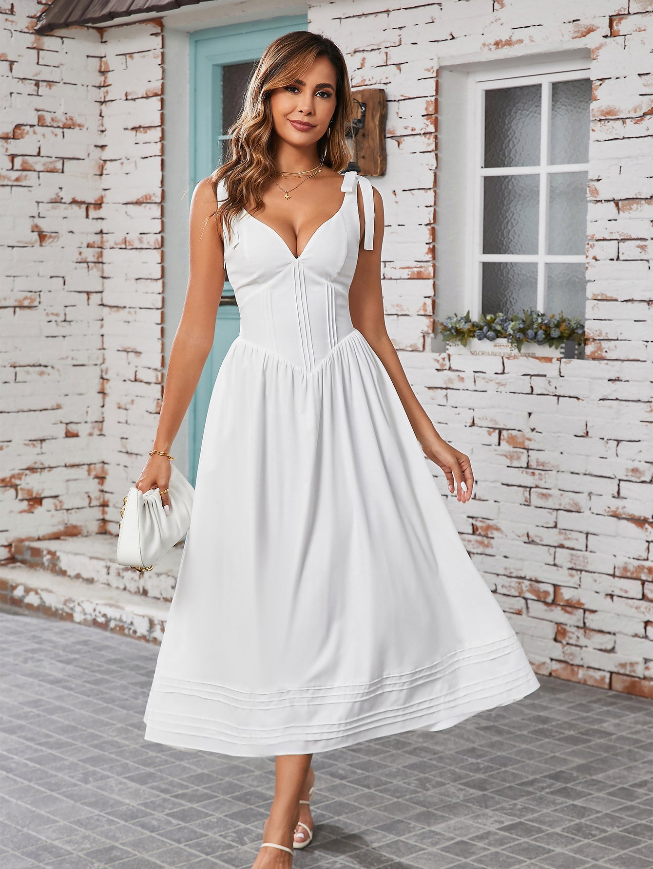 Tie Shoulder V-Neck Pleated Pocket Solid Dress
