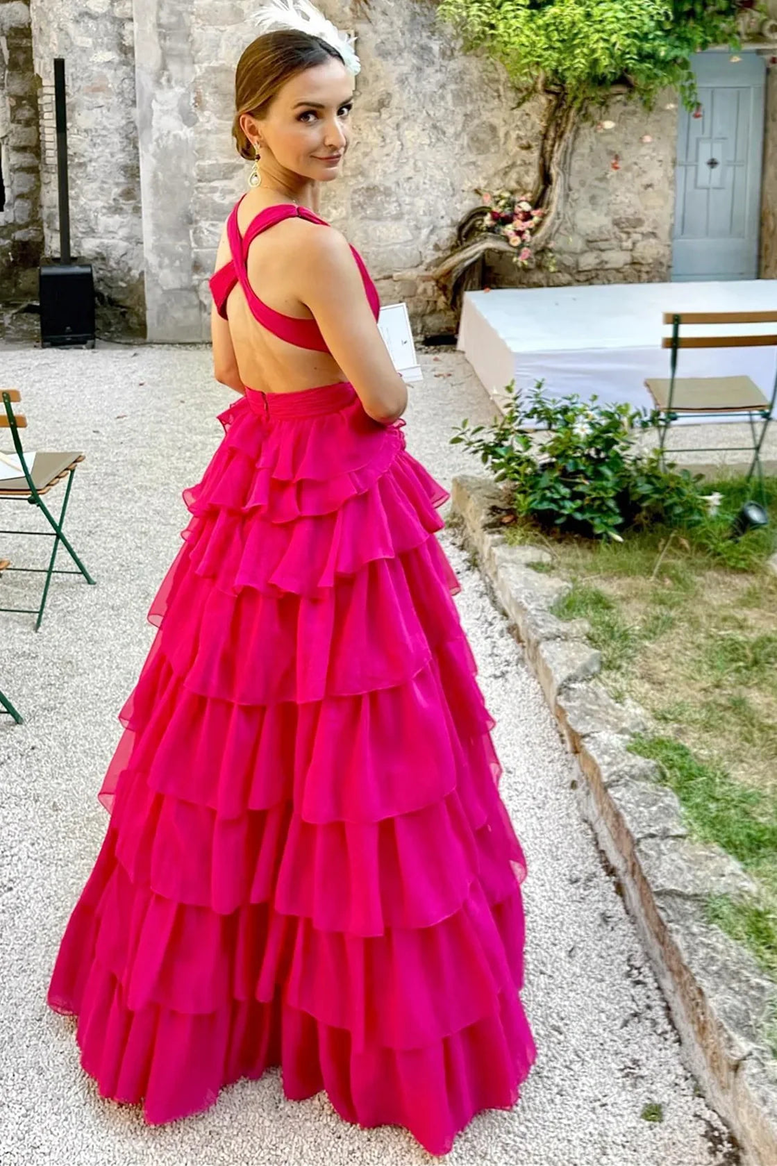 V-Neck Sleeveless A-Line Tiered Party Prom Dress