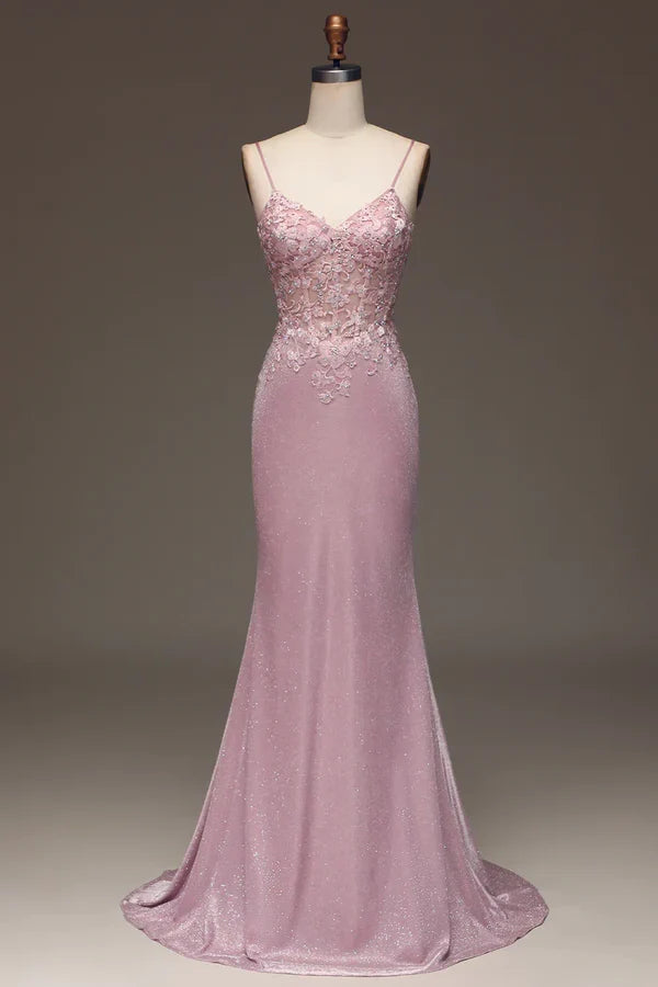 V-Neck Spaghetti Straps Appliques Trumpet Long Prom Dress