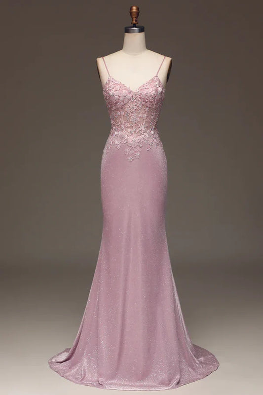 V-Neck Spaghetti Straps Appliques Trumpet Long Prom Dress