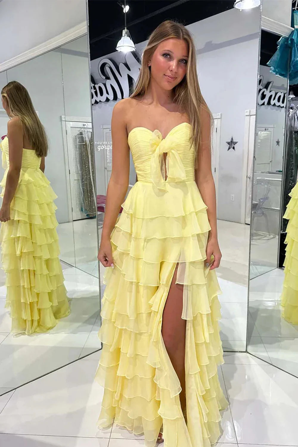 Chiffon A-Line Sweetheart Strapless Tiered Formal Party Dress