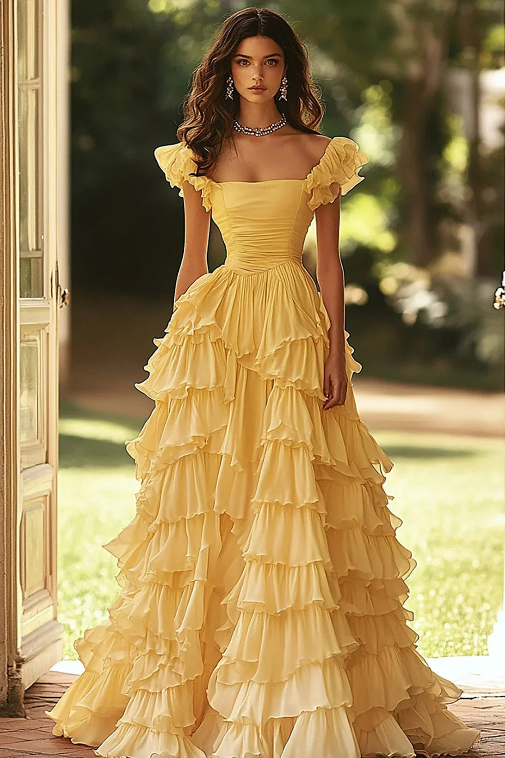 Yellow Ruffle Straps Tiered A-Line Empire Chiffon Party Prom Dress