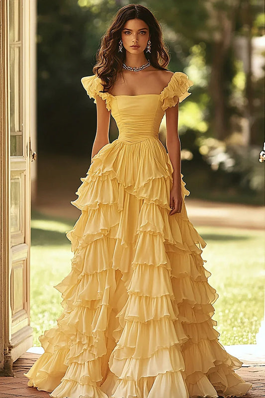 Yellow Ruffle Straps Tiered A-Line Empire Chiffon Party Prom Dress
