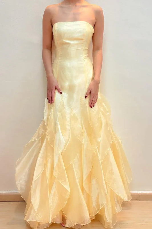Yellow Strapless Empire Lace Up Ruffled Party Prom Dress