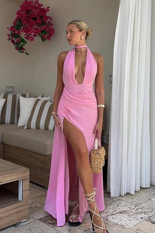 Gaun Maxi Slit Ruched Halter U Neck