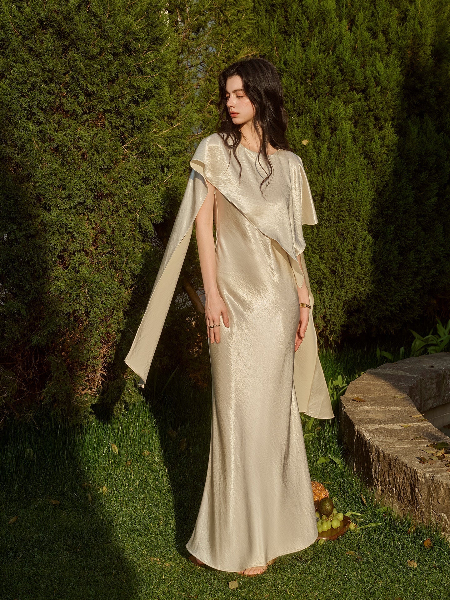 Acetate Satin Dress - Asymmetrical Scarf Collar