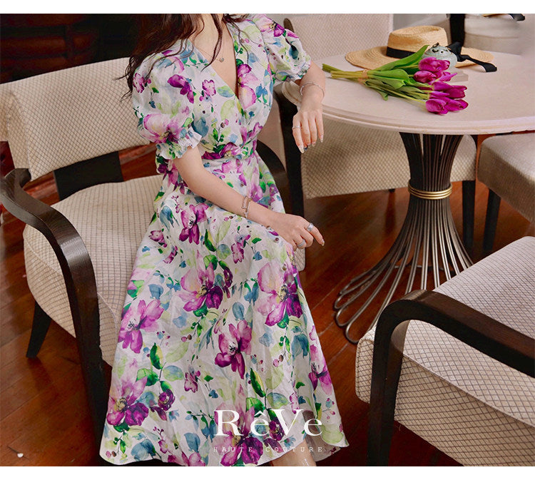 Tencel Linen Long Dress - Elegant Floral Print
