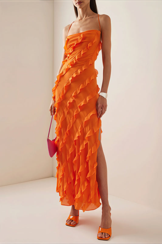 Gaun Maxi Cami Ruffle Belakang Terikat