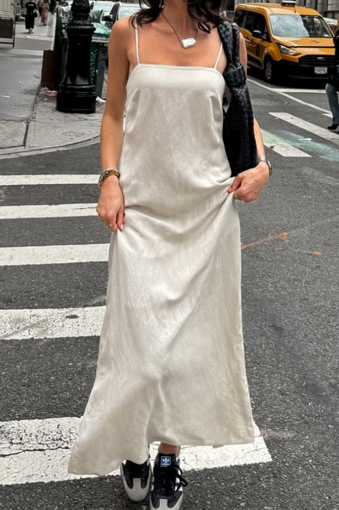 Gaun Maxi Lengan Kecil Khaki dari Linen dan Katun