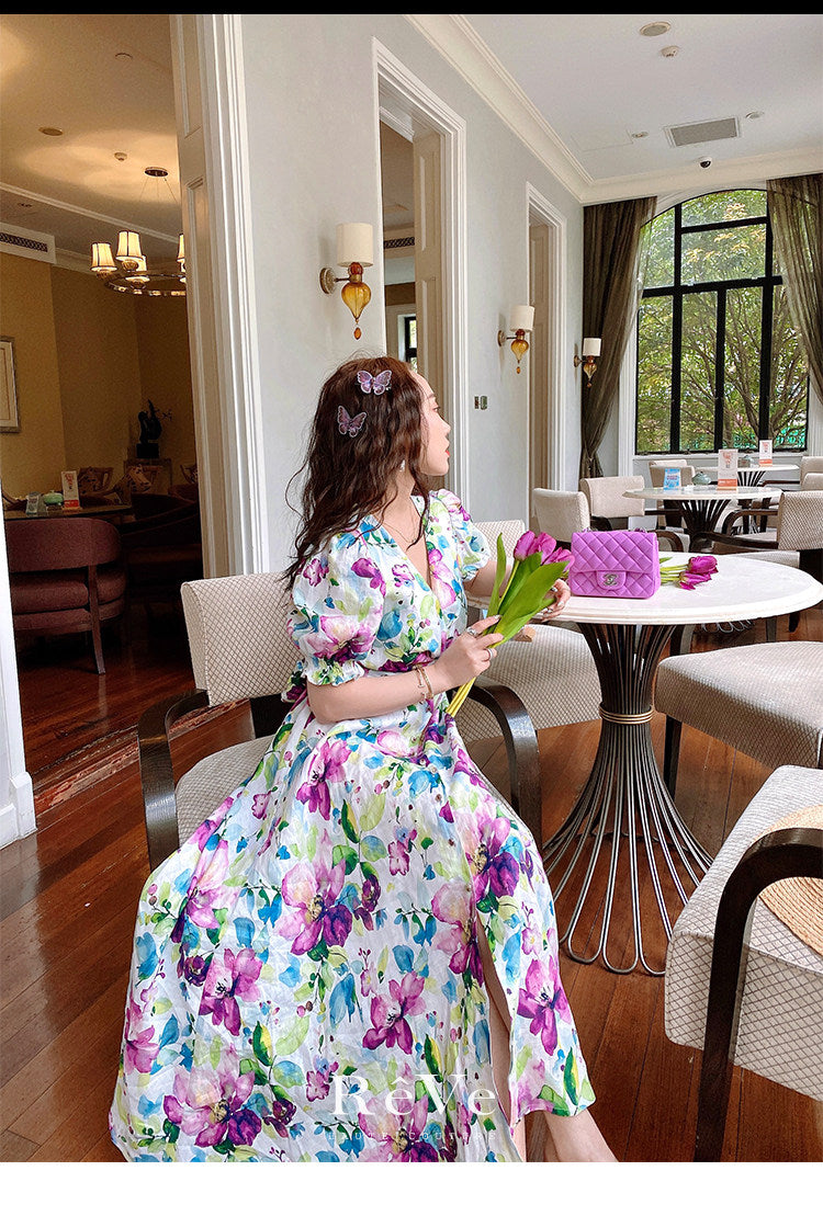 Tencel Linen Long Dress - Elegant Floral Print
