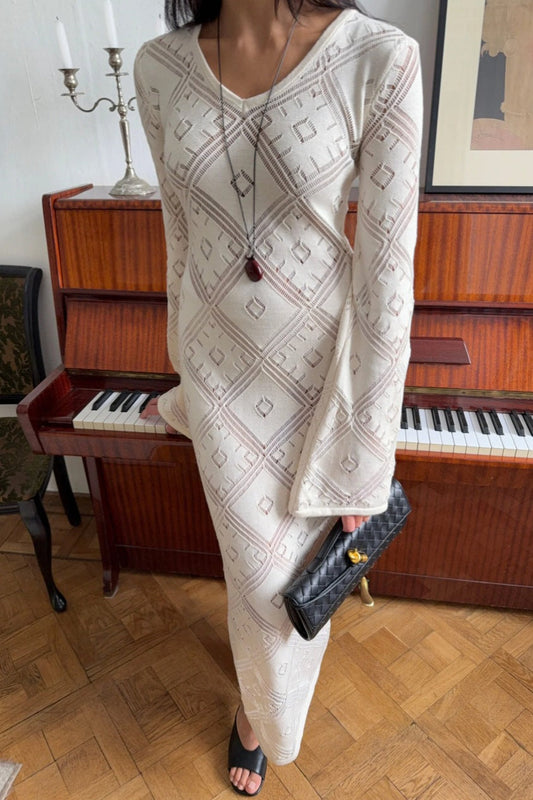 Gaun Maxi Lengan Panjang Jacquard Argyle Rajut