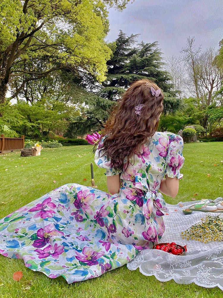 Tencel Linen Long Dress - Elegant Floral Print