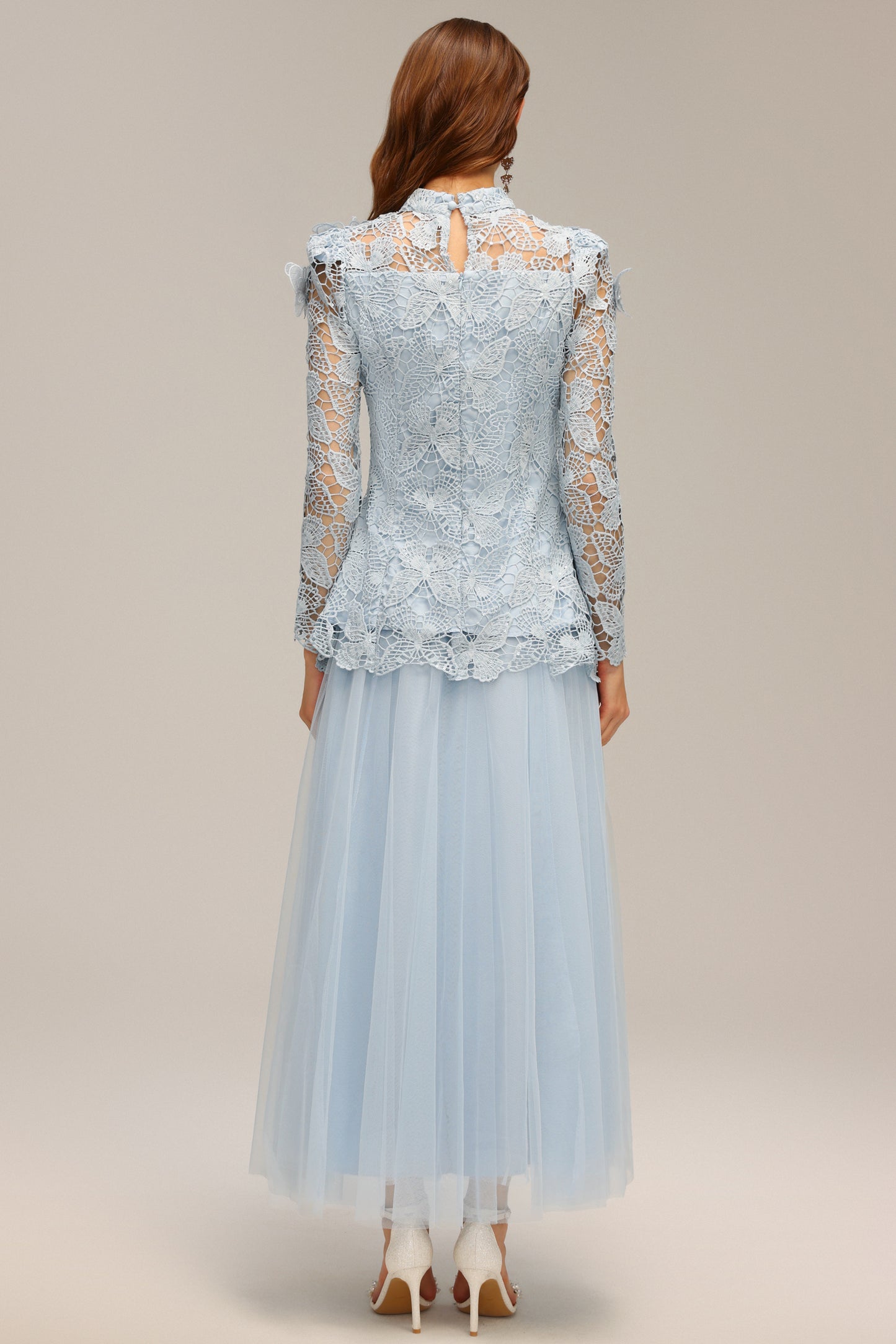 Sabina Long Sleeve Folds Lace Butterfly Top And Skirt Two-Piece Set
