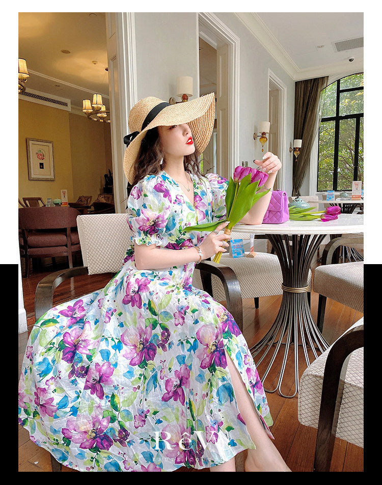 Tencel Linen Long Dress - Elegant Floral Print
