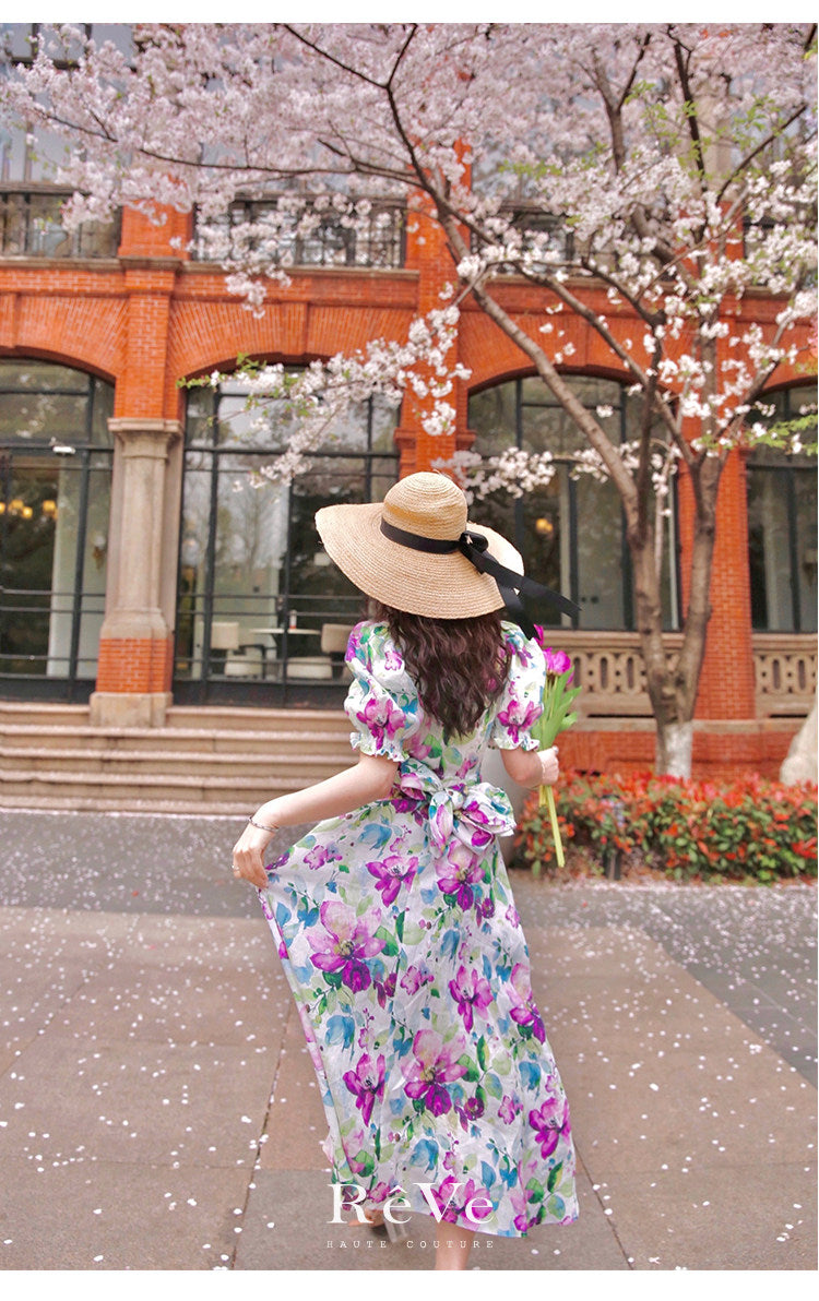Tencel Linen Long Dress - Elegant Floral Print