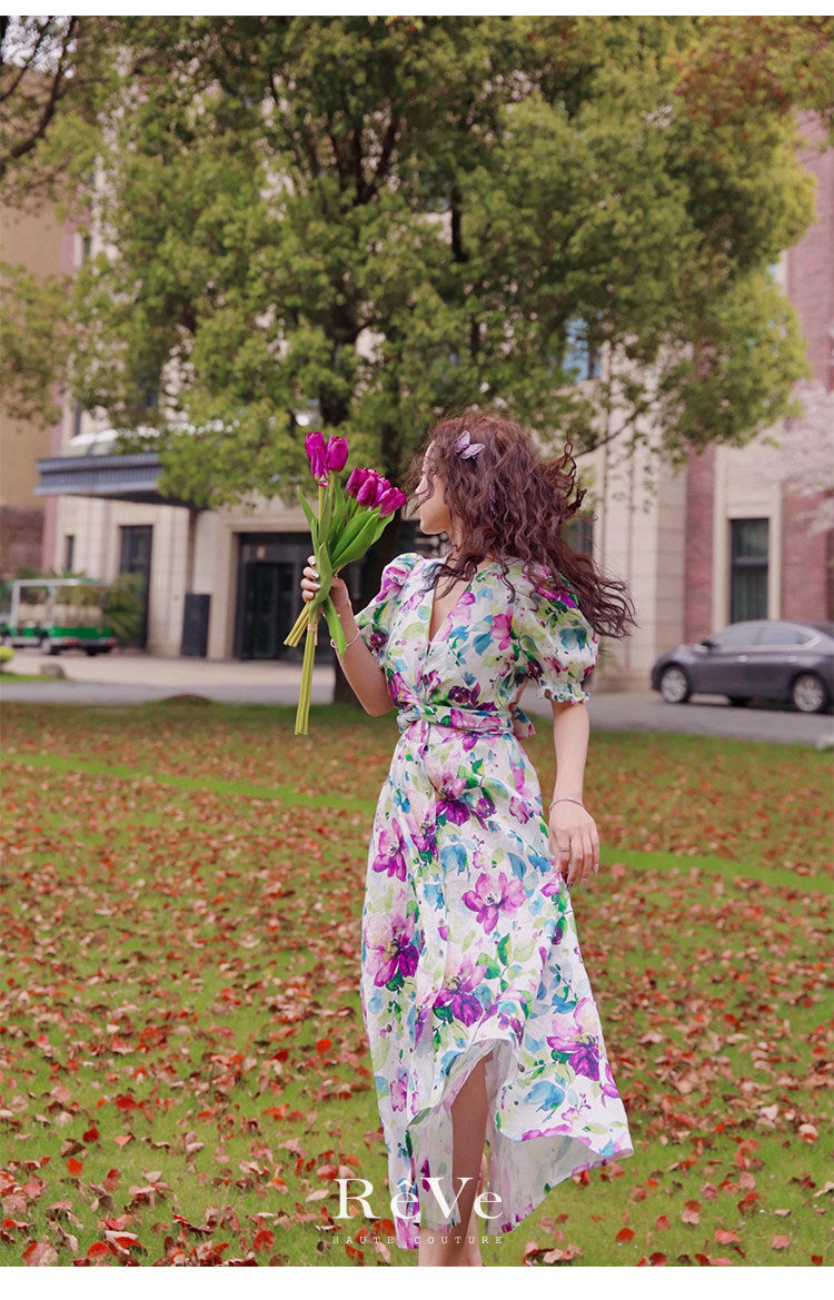 Tencel Linen Long Dress - Elegant Floral Print