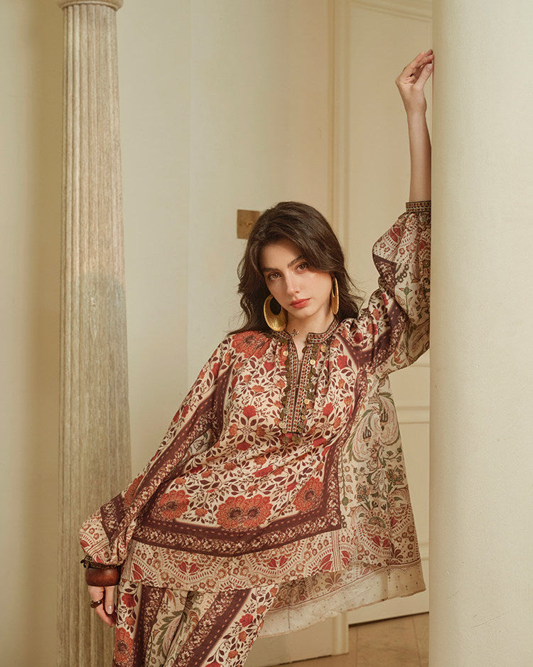 Linen Blend 2-Piece Set - Paisley Shirt and Pants