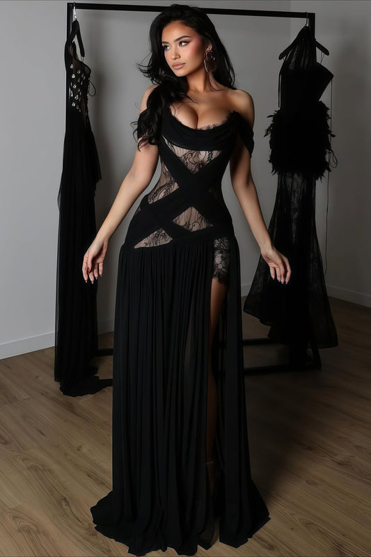 Gaun Maxi Belahan Transparan Renda Patchwork Seksi