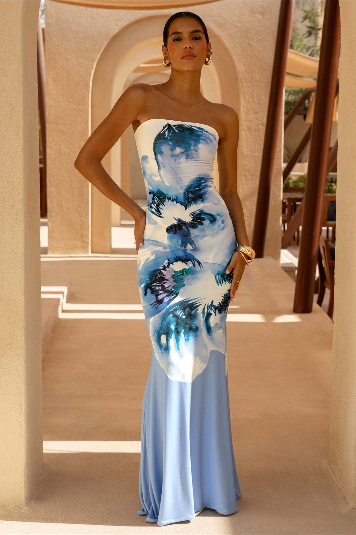 Gaun Maxi Cetak Bunga Mermaid Bandeau Seksi