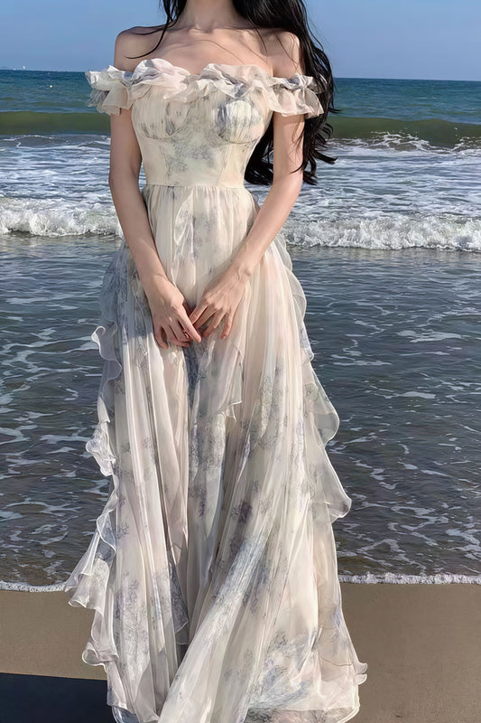 Gaun Maxi Floral Ruffle dengan Pita Spaghetti
