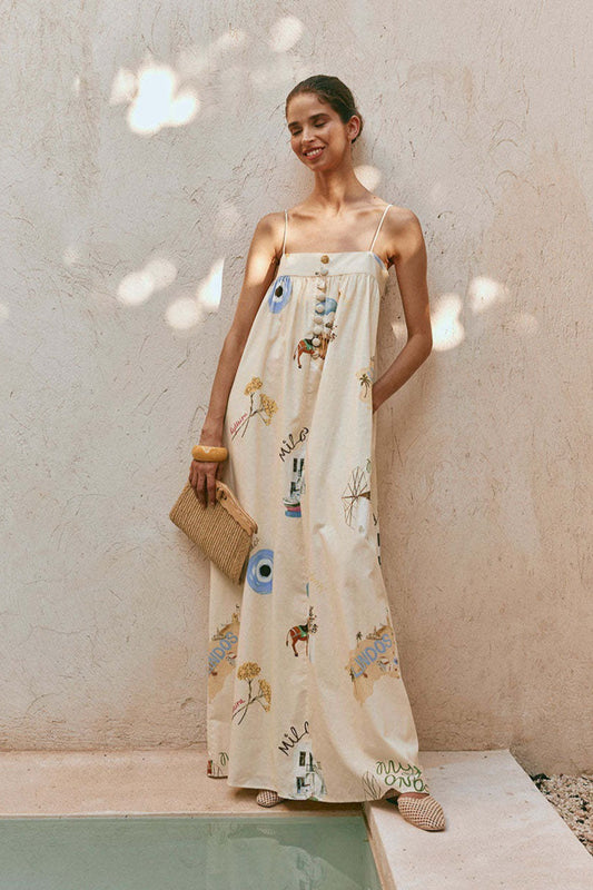 Gaun Maxi Liburan Linen Spaghetti Strap Seksi