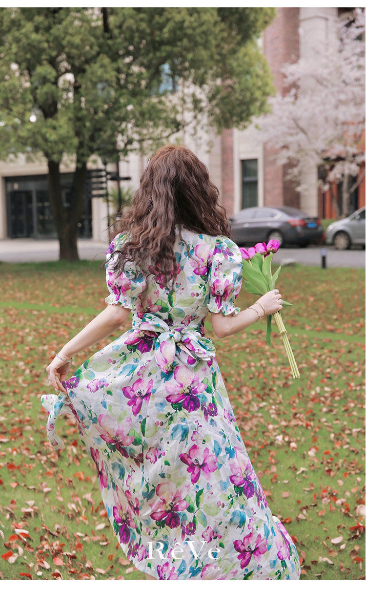 Tencel Linen Long Dress - Elegant Floral Print