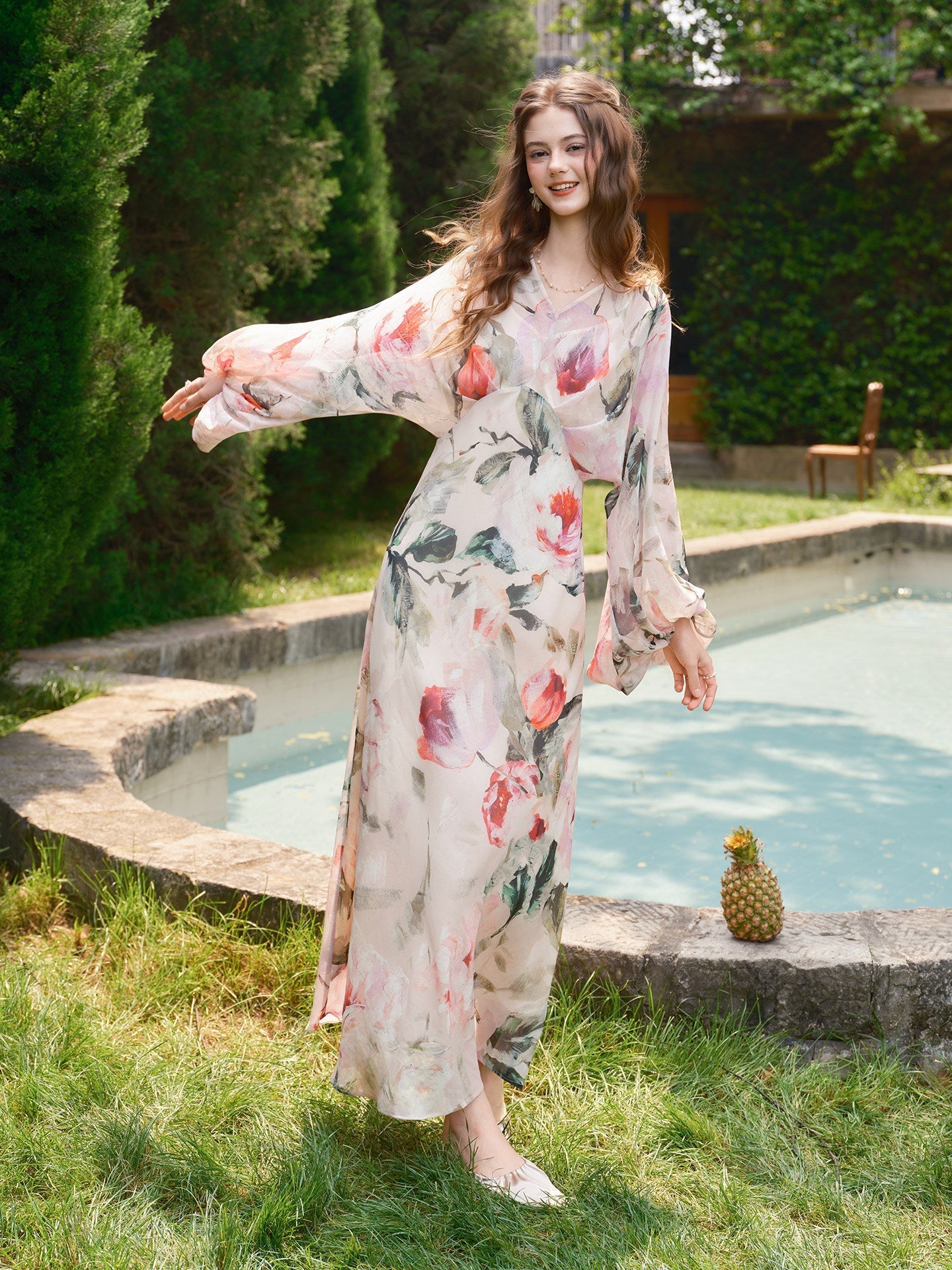 Floral Viscose Dress - Elegant Diagonal Cut