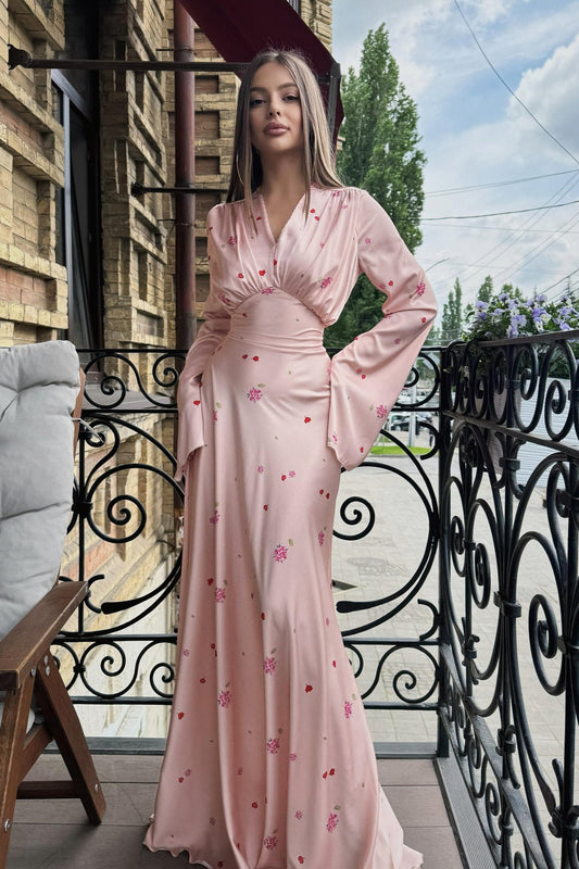 Gaun Maxi Lengan Flare V-Neck Motif Satin