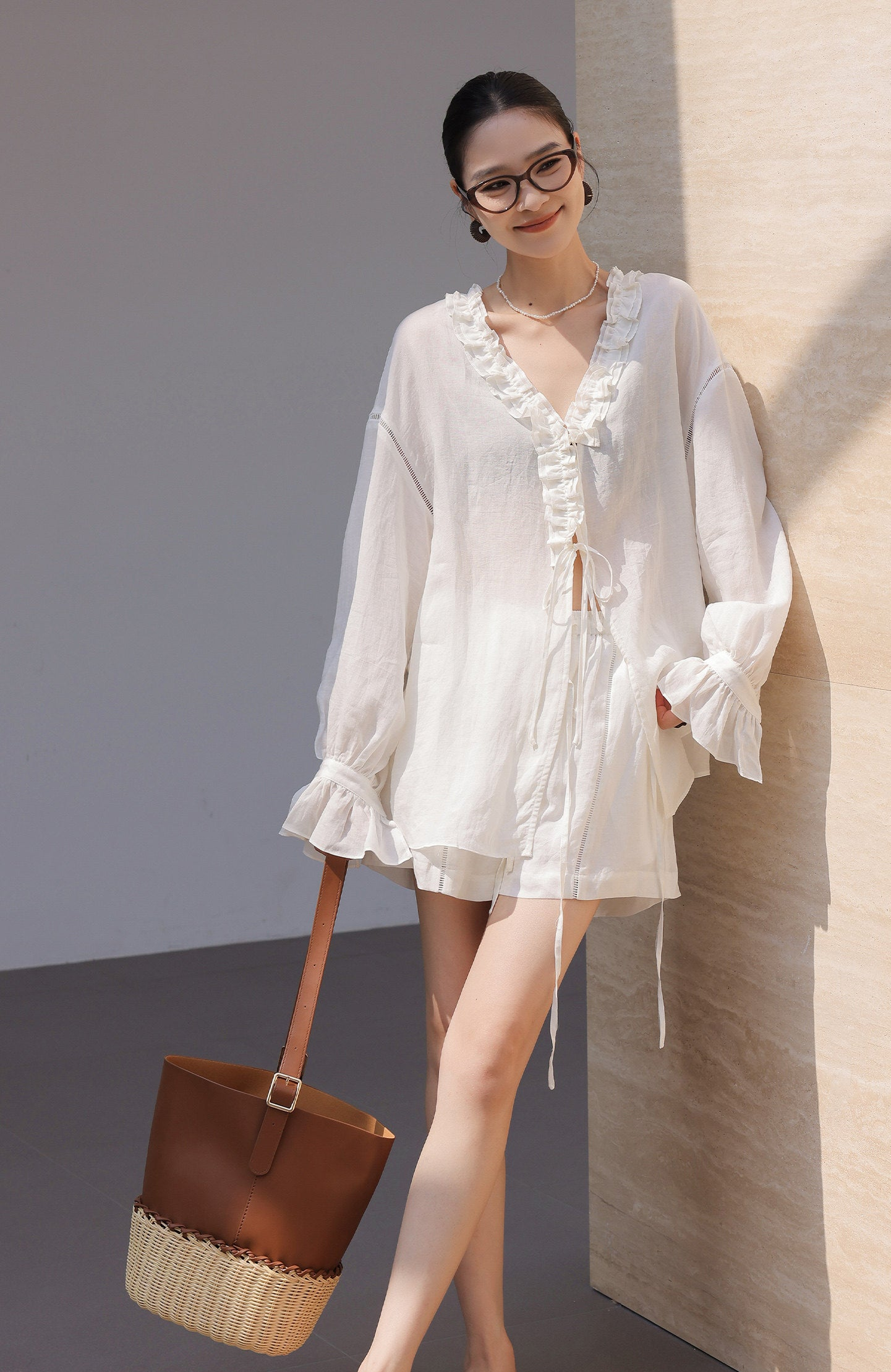 Tencel 2-Piece Set - Long Sleeve Shirt and Shorts