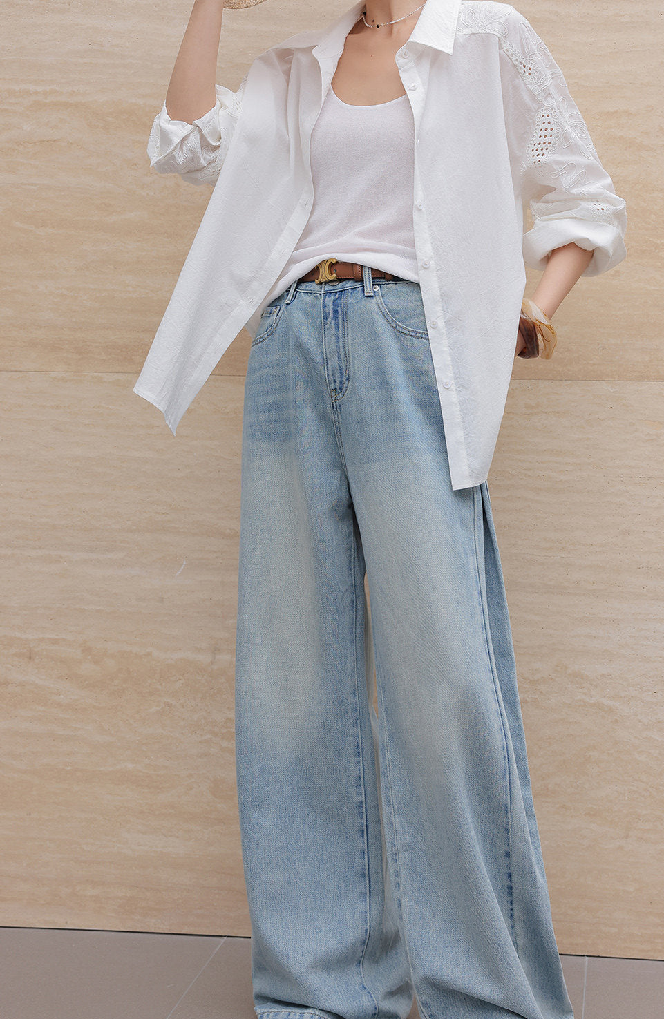 Cotton Wide-Leg Jeans - Light Blue