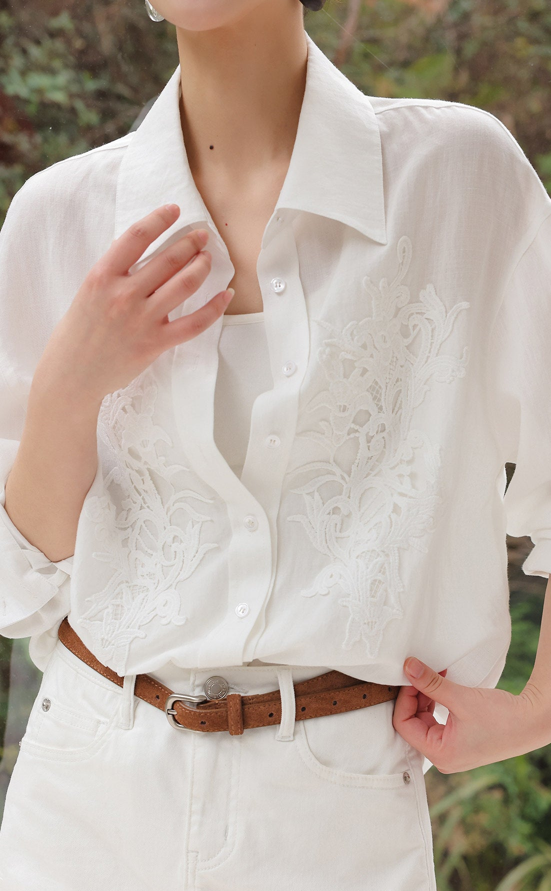 Embossed Viscose Shirt - Loose Fit White Top