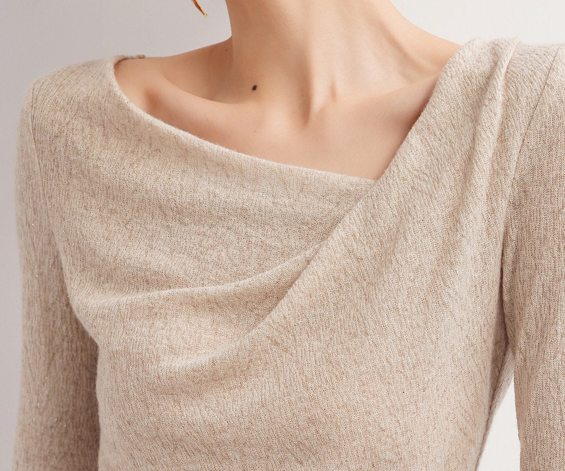 Knitted Top with Pleats - Oatmeal Long Sleeve